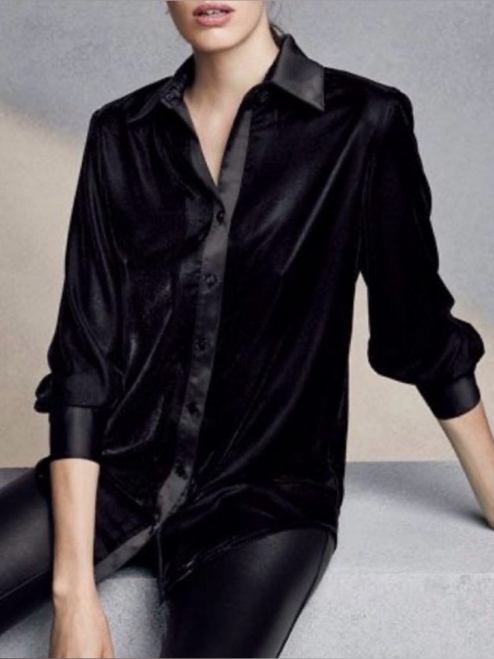 Finley Black Satin Button-Down Shirt Size XL